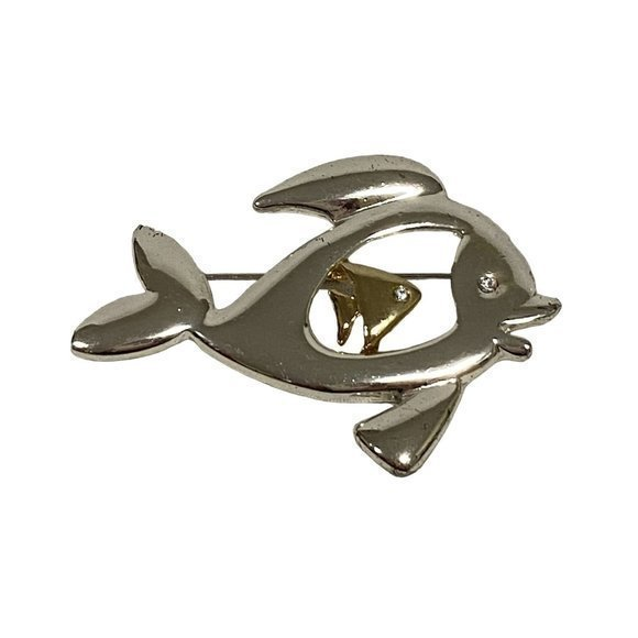 Vintage Silver Tone and Gold Tone Fishes Brooch with Rhinestone‎ - Picture 1 of 6